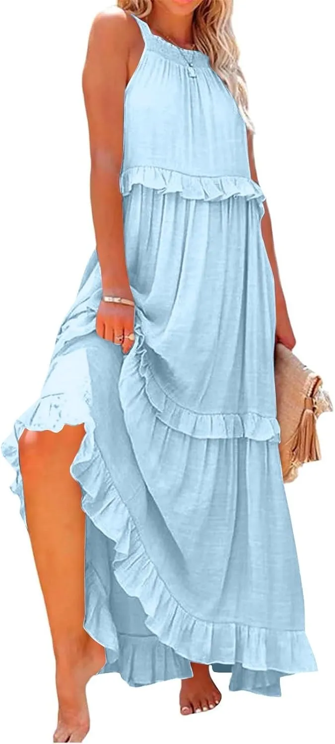 Long Dresses for Women Sleeveless Smocked Ruffle Halter Neck Maxi Dress Summer Tiered Flowy Swing A Line Sundresses