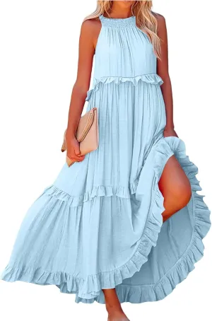 Long Dresses for Women Sleeveless Smocked Ruffle Halter Neck Maxi Dress Summer Tiered Flowy Swing A Line Sundresses
