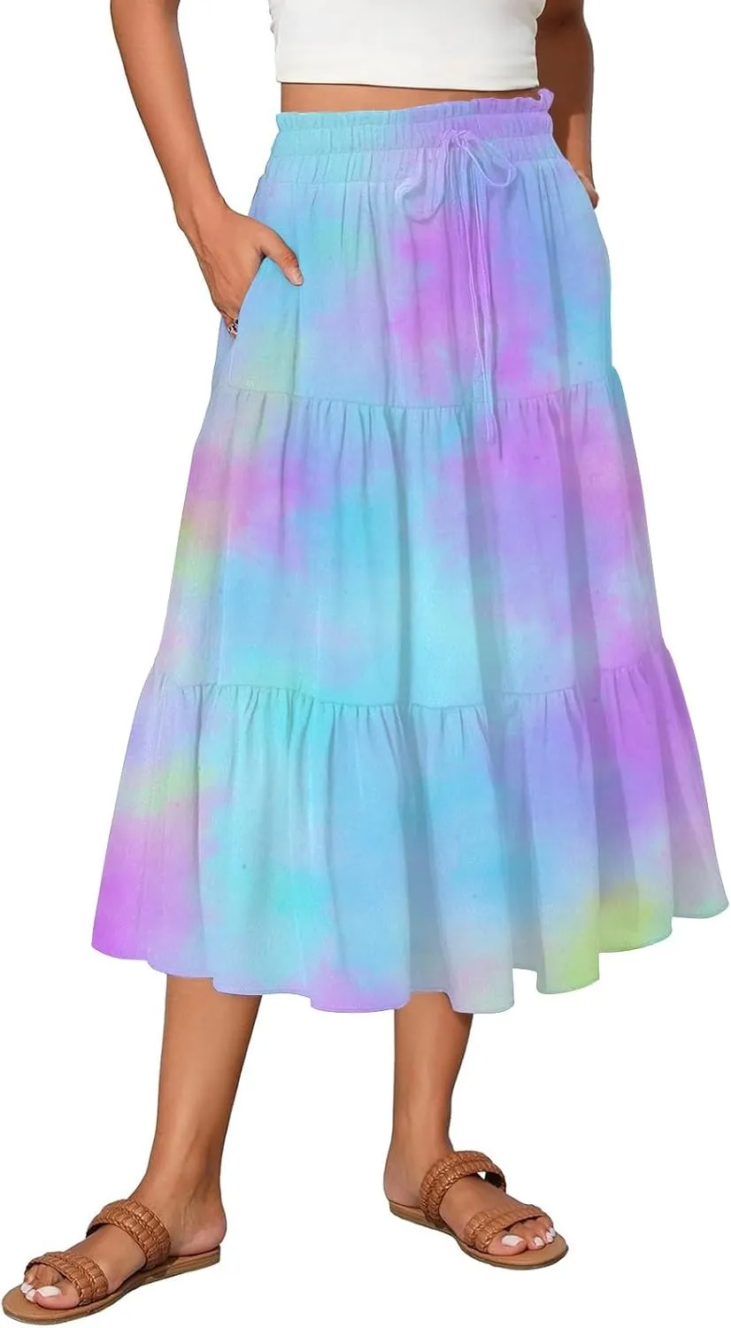 Long Maxi Skirt for Women High Waist Boho Flowy A-Line Maxi Skirt for Summer