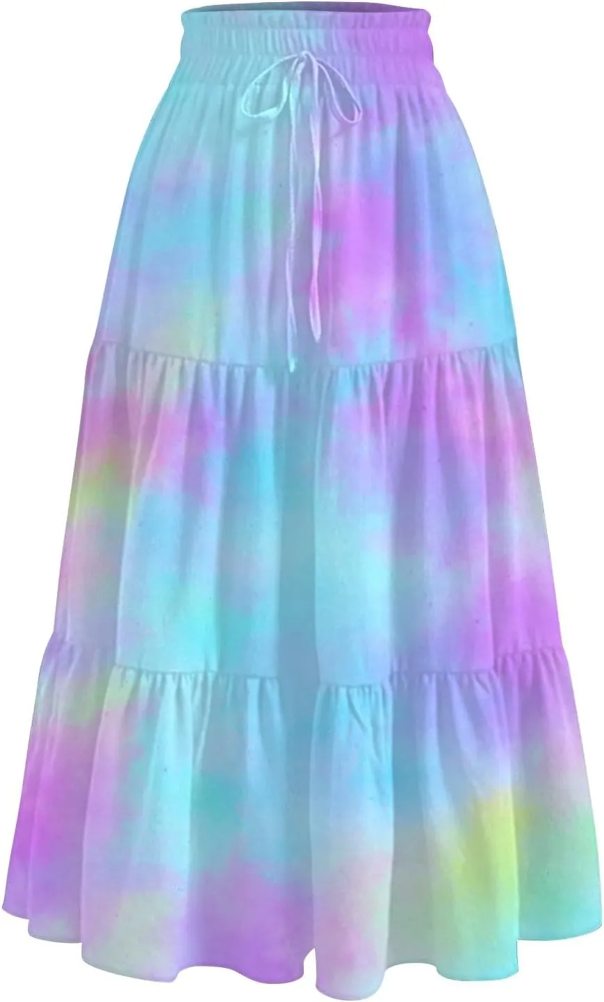 Long Maxi Skirt for Women High Waist Boho Flowy A-Line Maxi Skirt for Summer