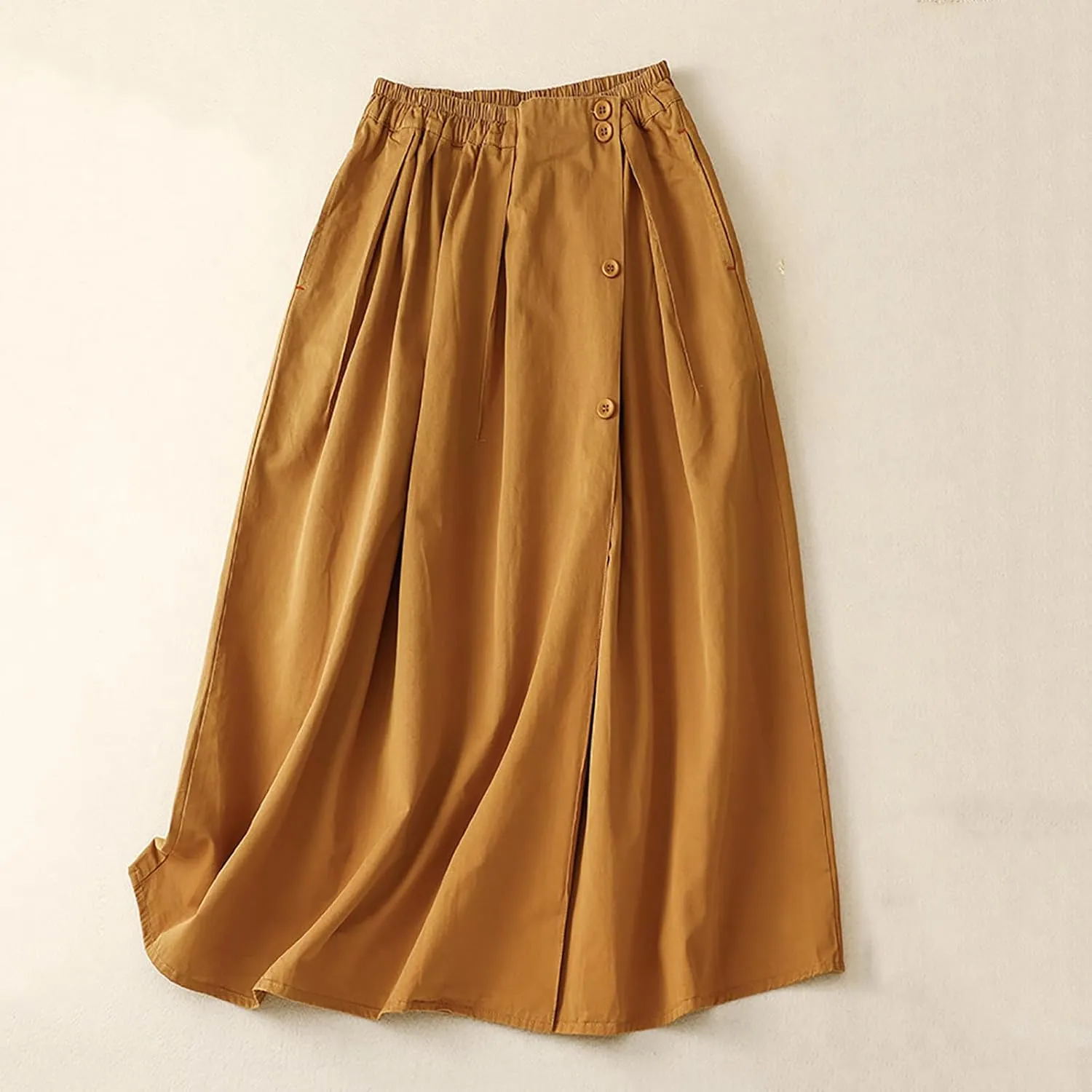 Long Skirts for Women 2024 Elastic Waist Buttons Solid Skirt Summer Causal Ruffle Pleated A-Line Flared Maxi Skirts