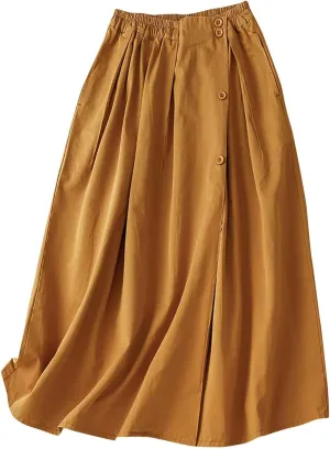 Long Skirts for Women 2024 Elastic Waist Buttons Solid Skirt Summer Causal Ruffle Pleated A-Line Flared Maxi Skirts