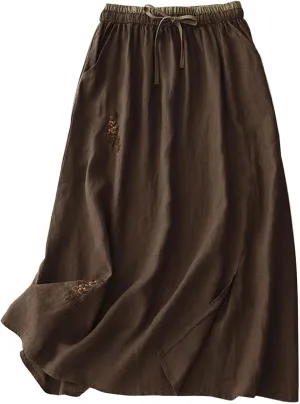 Long Skirts for Women Summer Casual Embroidered Floral Cotton Linen Skirt Dress Loose Fit Elastic Waist Maxi Skirts