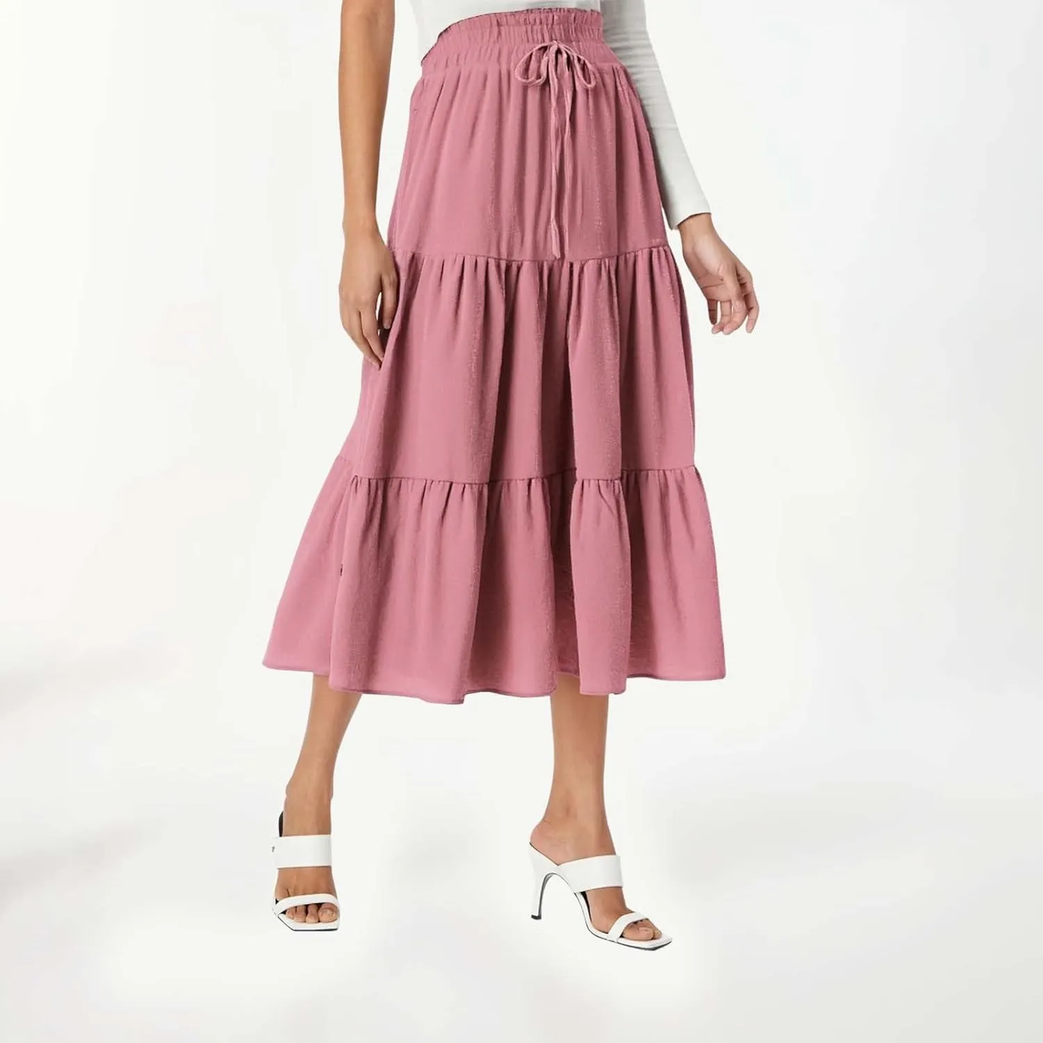 Long Skirts for Women Trendy Summer Boho Flowy Skirt Swing Tiered Maxi Skirt Elastic Waist Pleated Midi Beach Dress