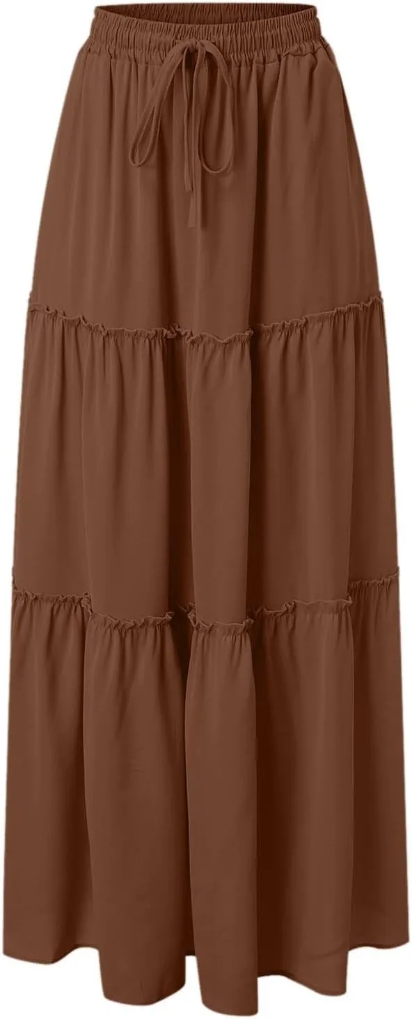 Long Skirts for Women Trendy Summer Boho Flowy Skirt Swing Tiered Maxi Skirt Elastic Waist Pleated Midi Beach Dress