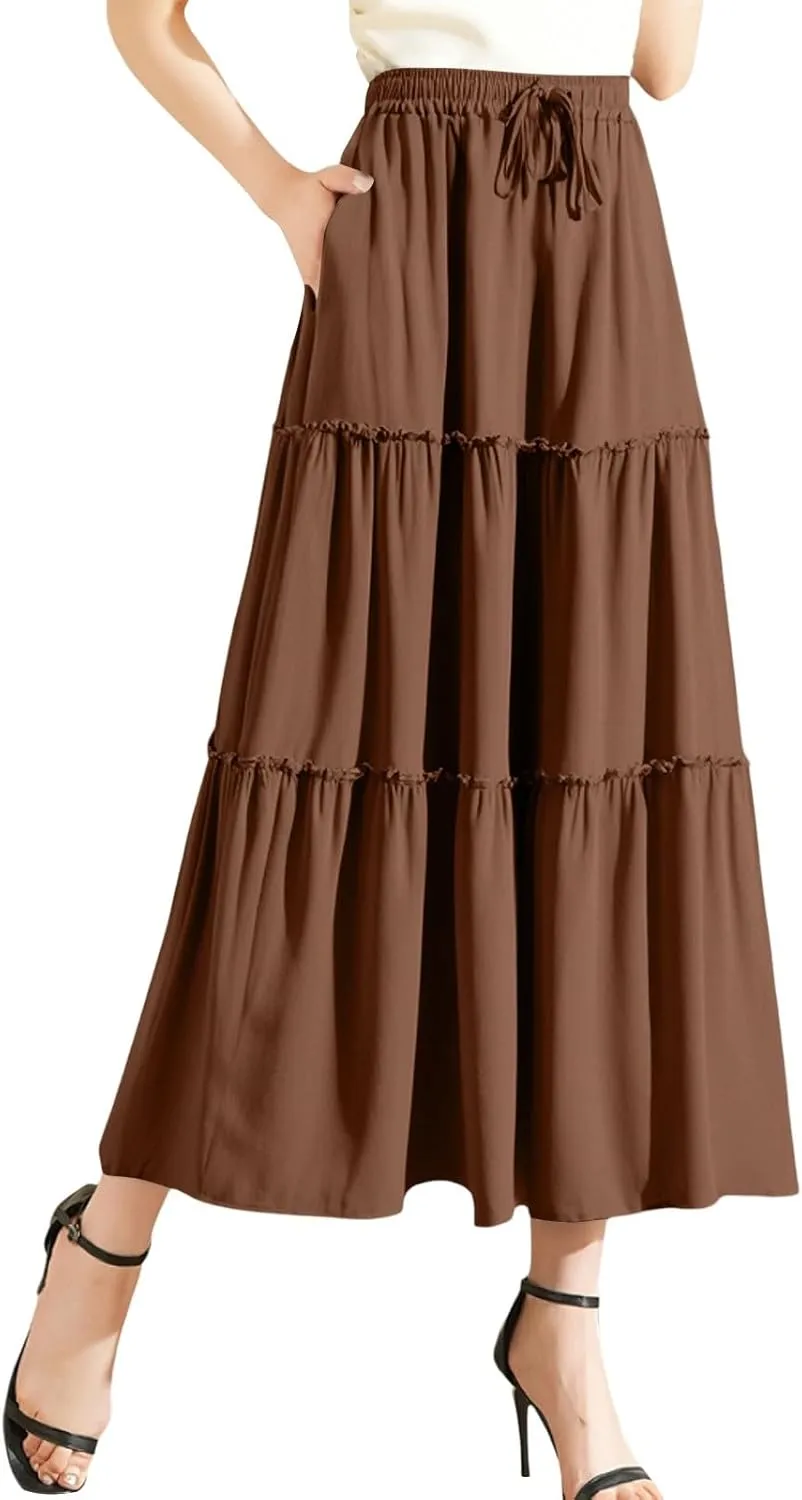 Long Skirts for Women Trendy Summer Boho Flowy Skirt Swing Tiered Maxi Skirt Elastic Waist Pleated Midi Beach Dress