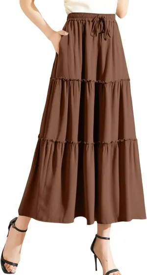 Long Skirts for Women Trendy Summer Boho Flowy Skirt Swing Tiered Maxi Skirt Elastic Waist Pleated Midi Beach Dress