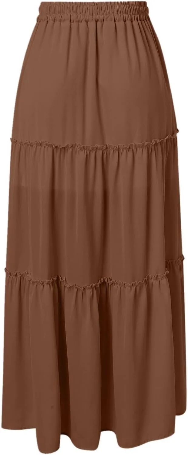 Long Skirts for Women Trendy Summer Boho Flowy Skirt Swing Tiered Maxi Skirt Elastic Waist Pleated Midi Beach Dress