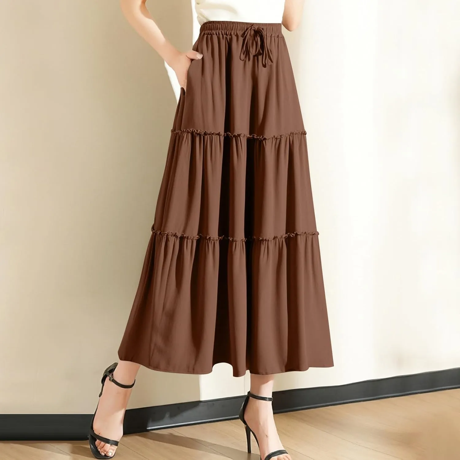 Long Skirts for Women Trendy Summer Boho Flowy Skirt Swing Tiered Maxi Skirt Elastic Waist Pleated Midi Beach Dress