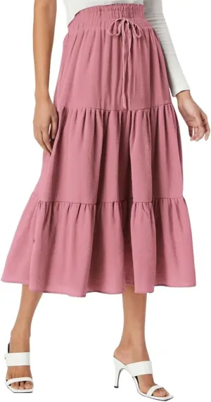 Long Skirts for Women Trendy Summer Boho Flowy Skirt Swing Tiered Maxi Skirt Elastic Waist Pleated Midi Beach Dress