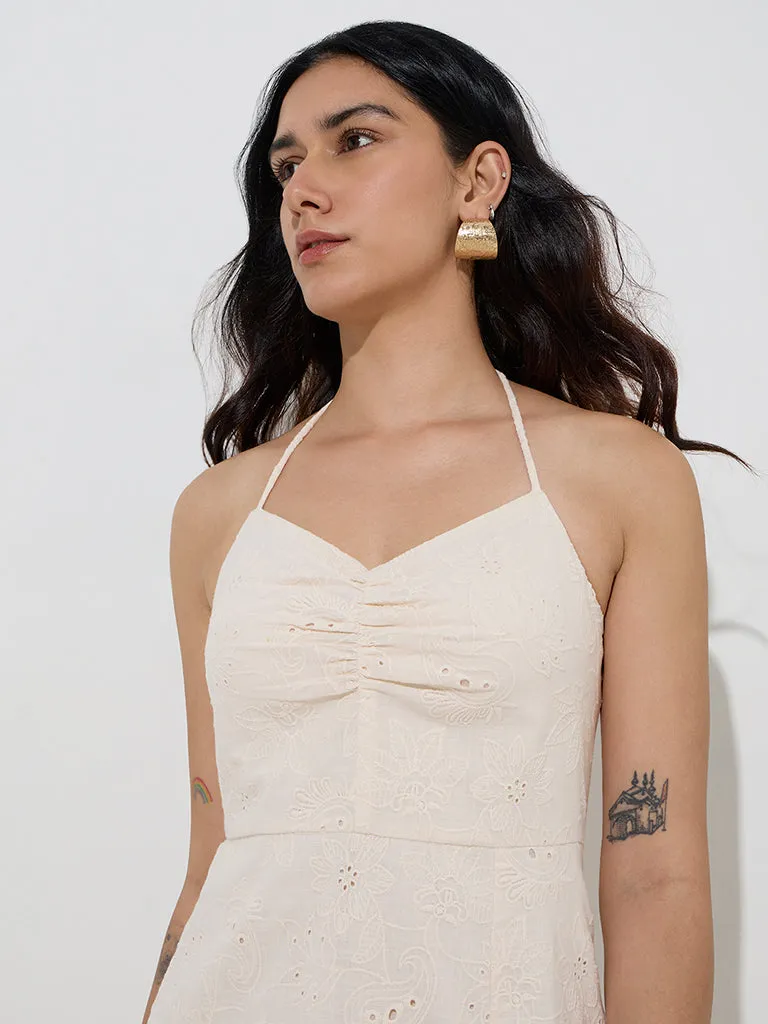 LOV Off-White Floral Embroidered Cotton Straight Dress