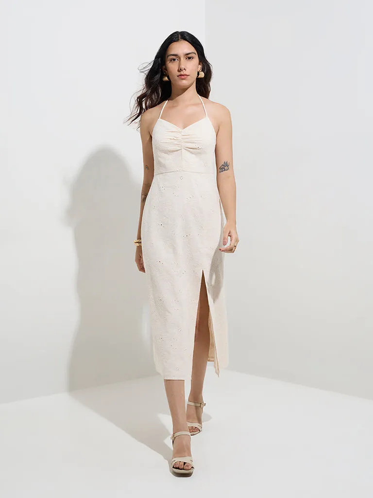 LOV Off-White Floral Embroidered Cotton Straight Dress