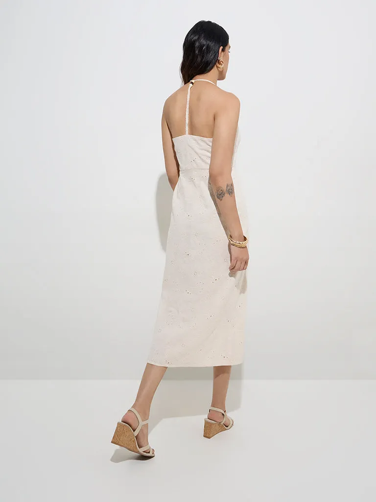 LOV Off-White Floral Embroidered Cotton Straight Dress