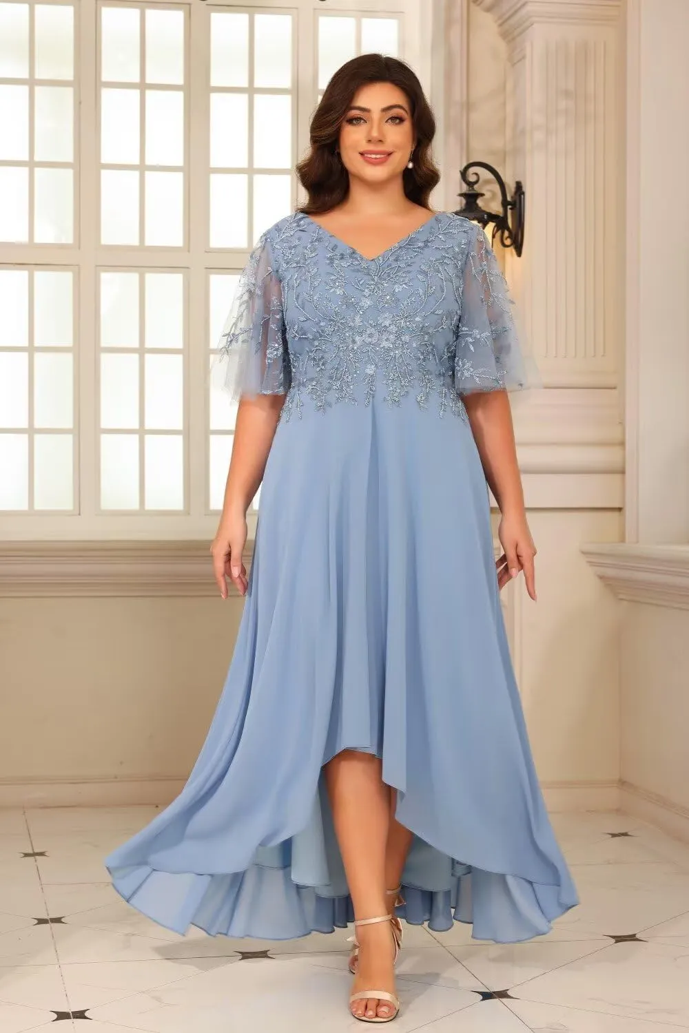 Loyeloy Women's V Neck Mother of The Bride Dresses with Pockets 2025 Sparkly Beaded Chiffon Aline Formal Evening Gowns