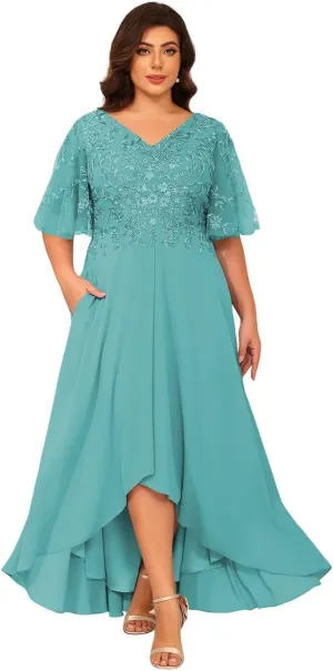 Loyeloy Women's V Neck Mother of The Bride Dresses with Pockets 2025 Sparkly Beaded Chiffon Aline Formal Evening Gowns