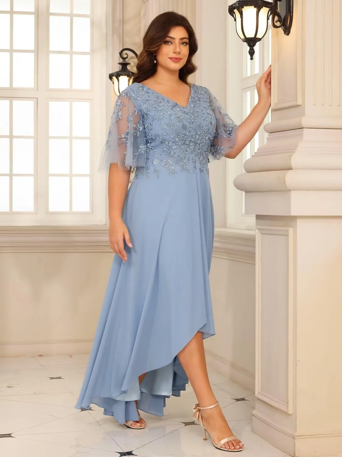 Loyeloy Women's V Neck Mother of The Bride Dresses with Pockets 2025 Sparkly Beaded Chiffon Aline Formal Evening Gowns
