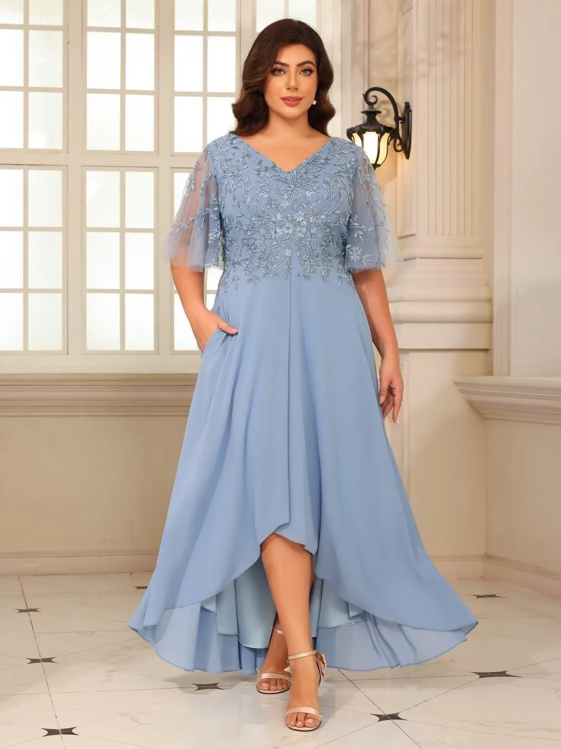 Loyeloy Women's V Neck Mother of The Bride Dresses with Pockets 2025 Sparkly Beaded Chiffon Aline Formal Evening Gowns