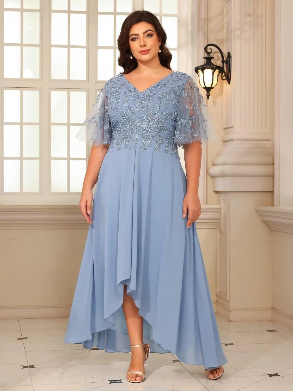 Loyeloy Women's V Neck Mother of The Bride Dresses with Pockets 2025 Sparkly Beaded Chiffon Aline Formal Evening Gowns