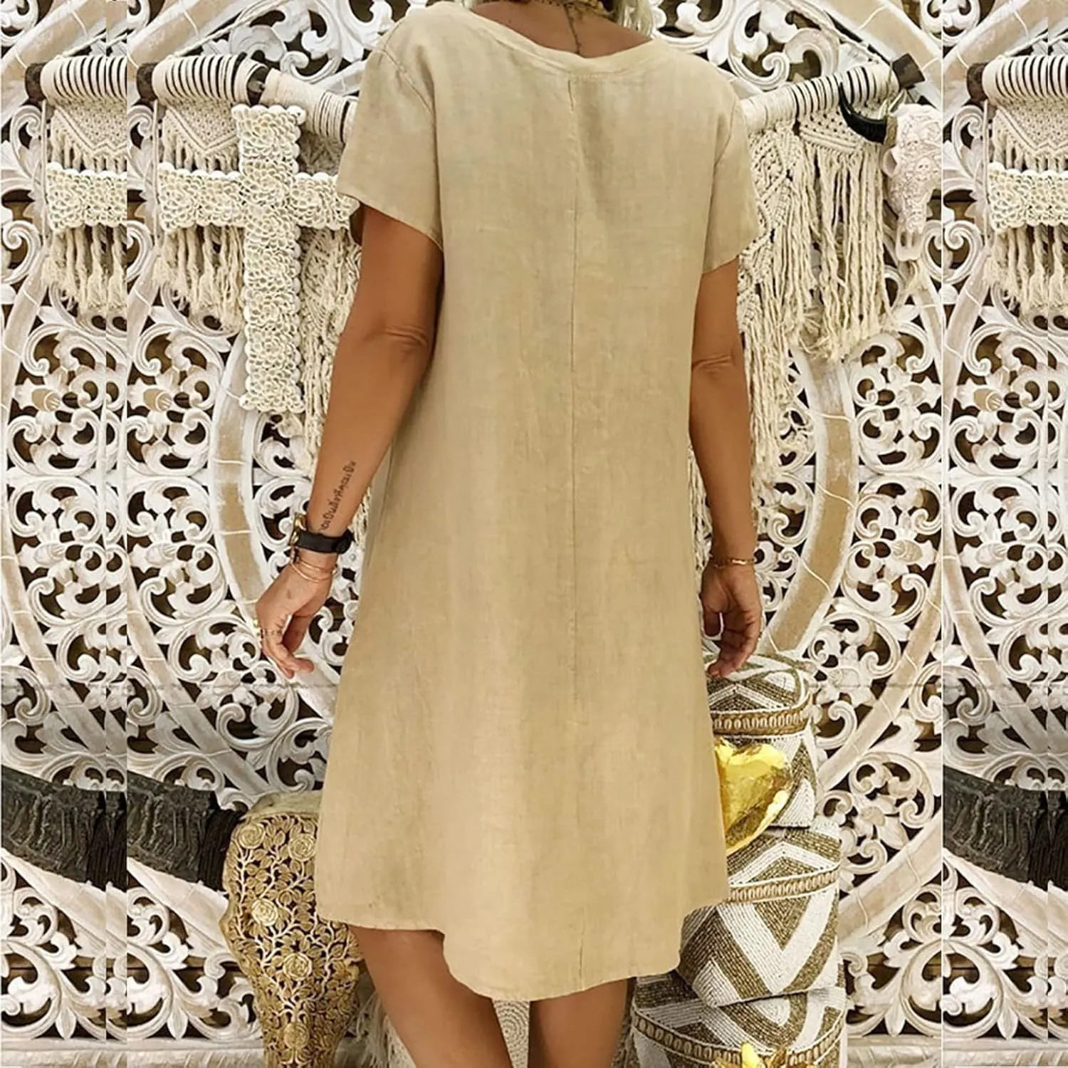 maisdgop Dresses for Women 2024 Casual Summer T Shirt Dress Loose V-Neck Solid Color Basic Dresses Short Sleeve Tunic Dress
