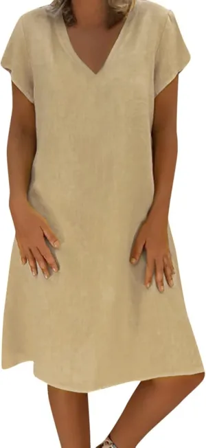 maisdgop Dresses for Women 2024 Casual Summer T Shirt Dress Loose V-Neck Solid Color Basic Dresses Short Sleeve Tunic Dress