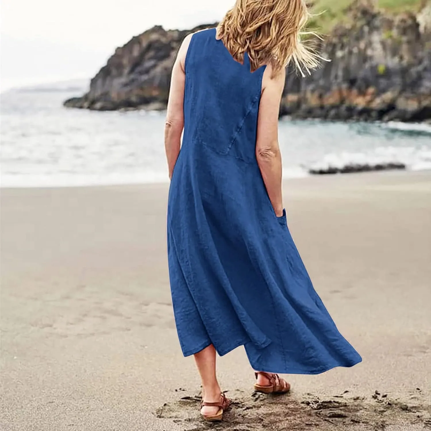 Maxi Dress for Women Linen Dress Summer Sun Dresses 2025 Sleeveless Swing Casual Long Formal with Pockects