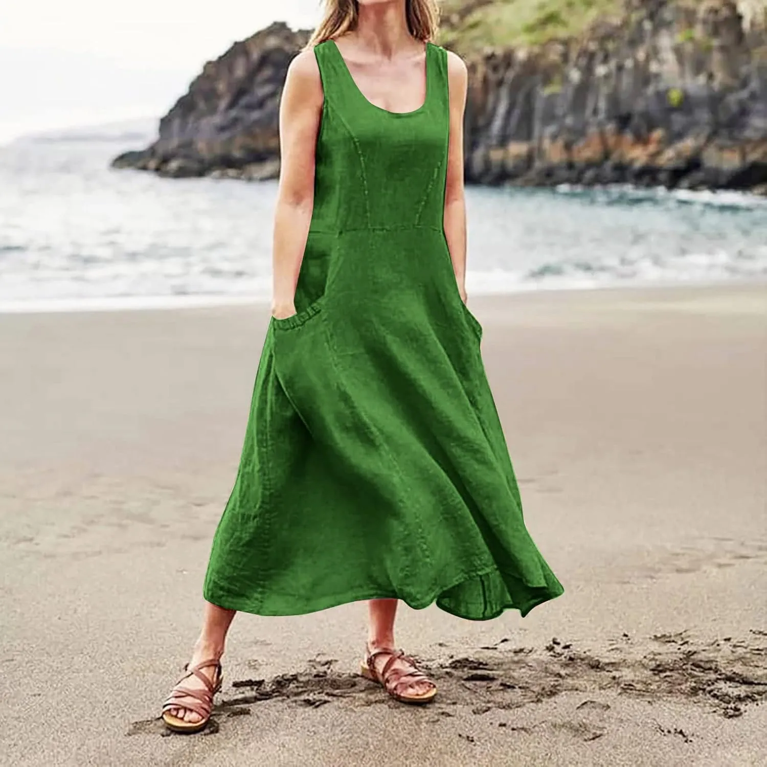 Maxi Dress for Women Linen Dress Summer Sun Dresses 2025 Sleeveless Swing Casual Long Formal with Pockects