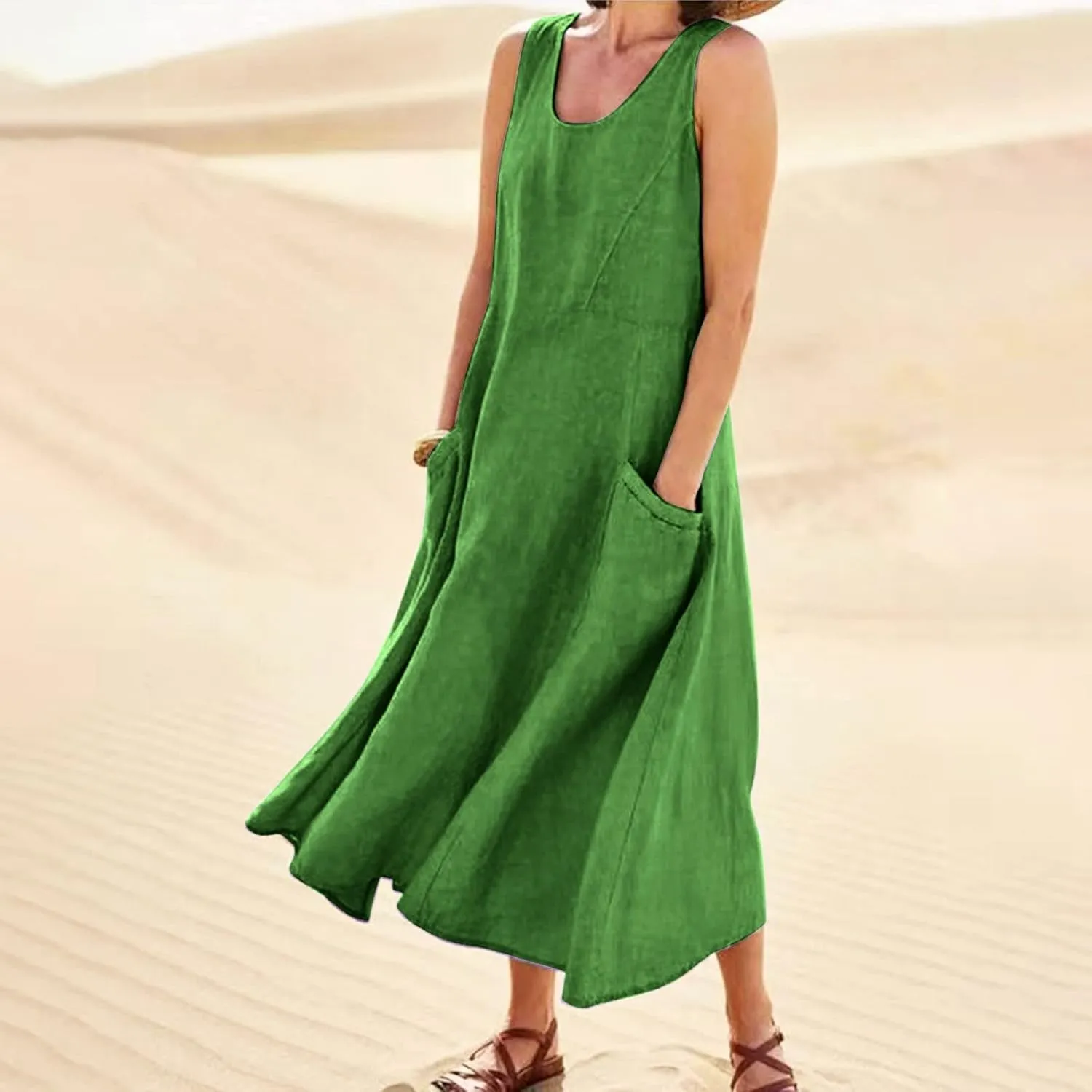 Maxi Dress for Women Linen Dress Summer Sun Dresses 2025 Sleeveless Swing Casual Long Formal with Pockects