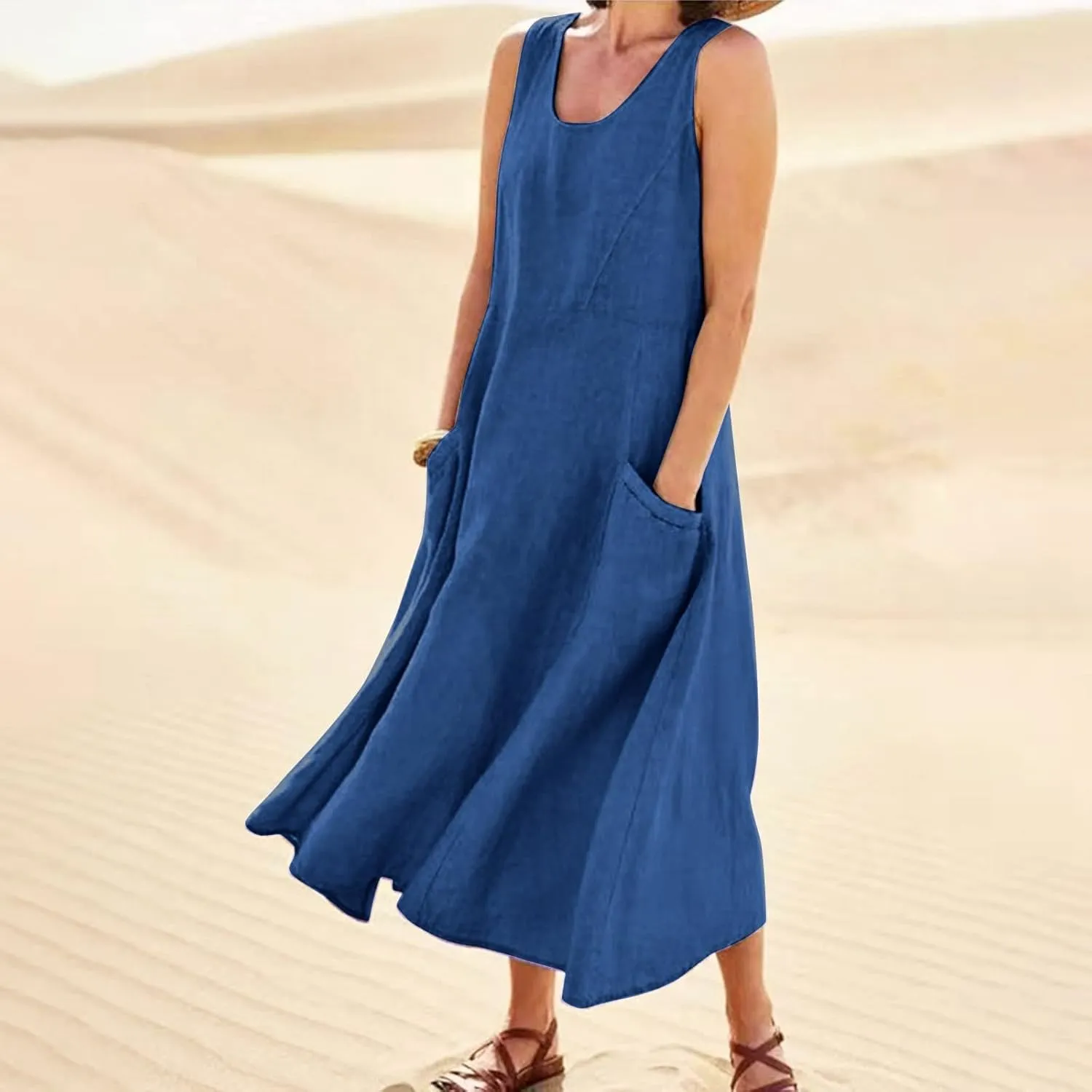 Maxi Dress for Women Linen Dress Summer Sun Dresses 2025 Sleeveless Swing Casual Long Formal with Pockects