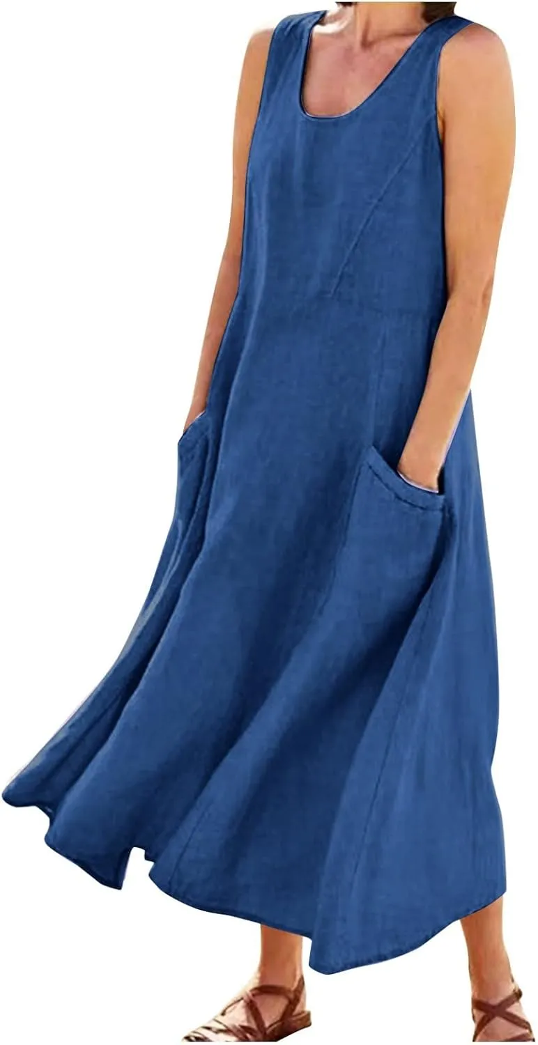 Maxi Dress for Women Linen Dress Summer Sun Dresses 2025 Sleeveless Swing Casual Long Formal with Pockects