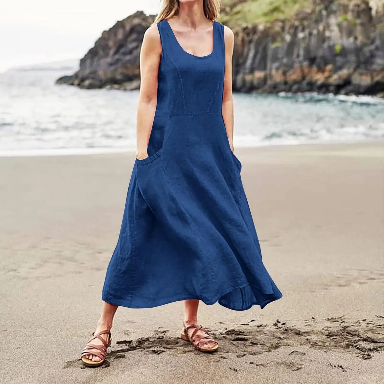 Maxi Dress for Women Linen Dress Summer Sun Dresses 2025 Sleeveless Swing Casual Long Formal with Pockects