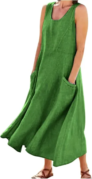 Maxi Dress for Women Linen Dress Summer Sun Dresses 2025 Sleeveless Swing Casual Long Formal with Pockects