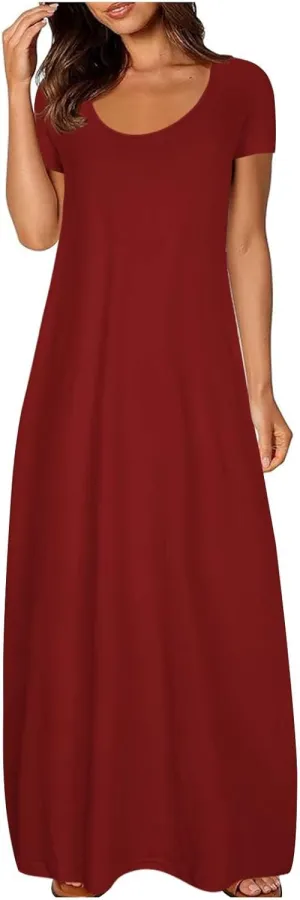 Maxi Dresses for Women 2025 Casual Short Sleeve Round Neck Summer Dresses Plus Size Loose Fit Long Beach Sundress