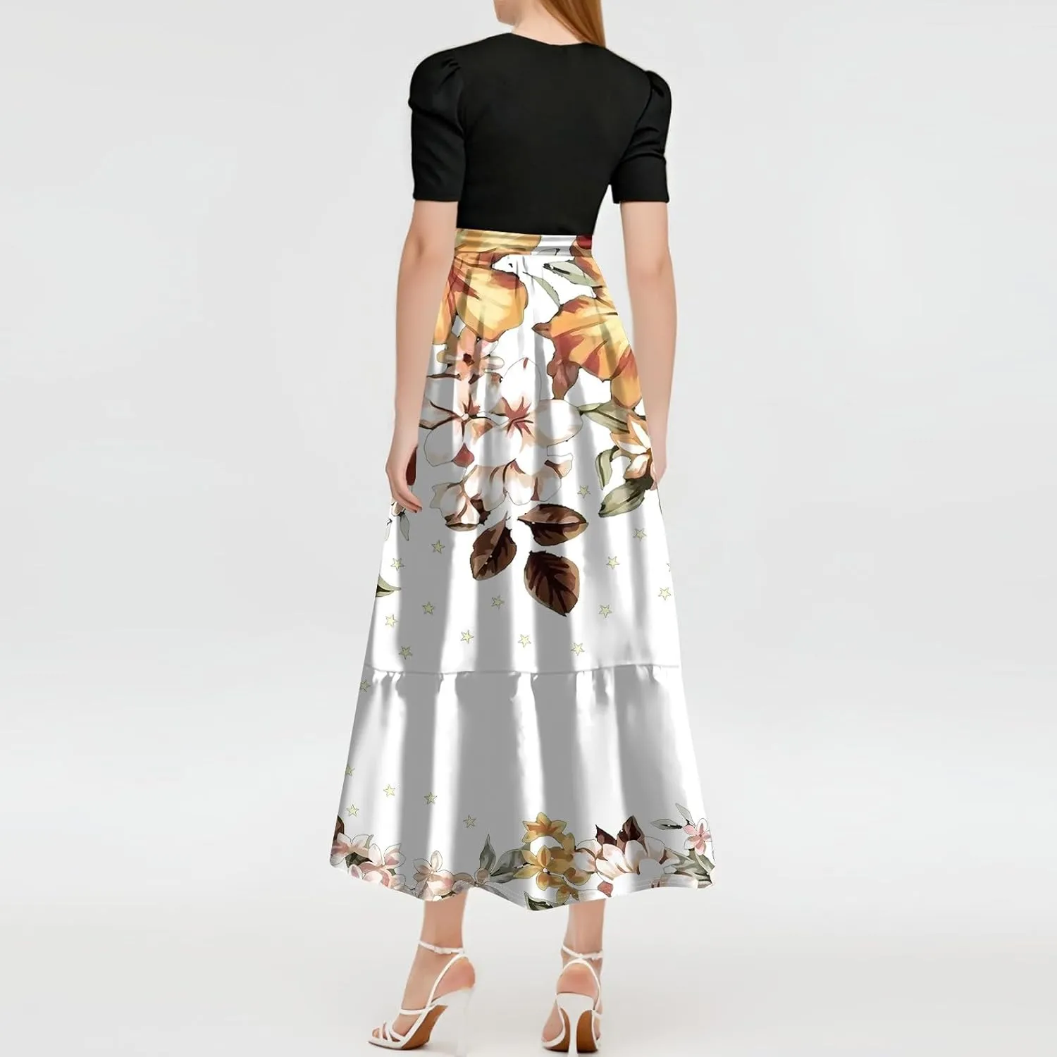 Maxi Dresses for Women 2025 Summer- Short Sleeve Floral Maxi Dress Trendy High Waist Long Dresses Flowy Summer Dress