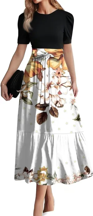 Maxi Dresses for Women 2025 Summer- Short Sleeve Floral Maxi Dress Trendy High Waist Long Dresses Flowy Summer Dress