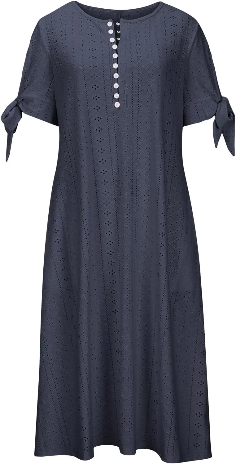 Maxi Long Dresses for Women 2025 Summer Womens Eyelet Dress Short Sleeve Tshirt Dress Casual Vacation Sundress