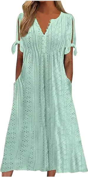 Maxi Long Dresses for Women 2025 Trendy Eyelet Dress Short Sleeve Tshirt Dress Casual Summer Beach Vacation Sundress