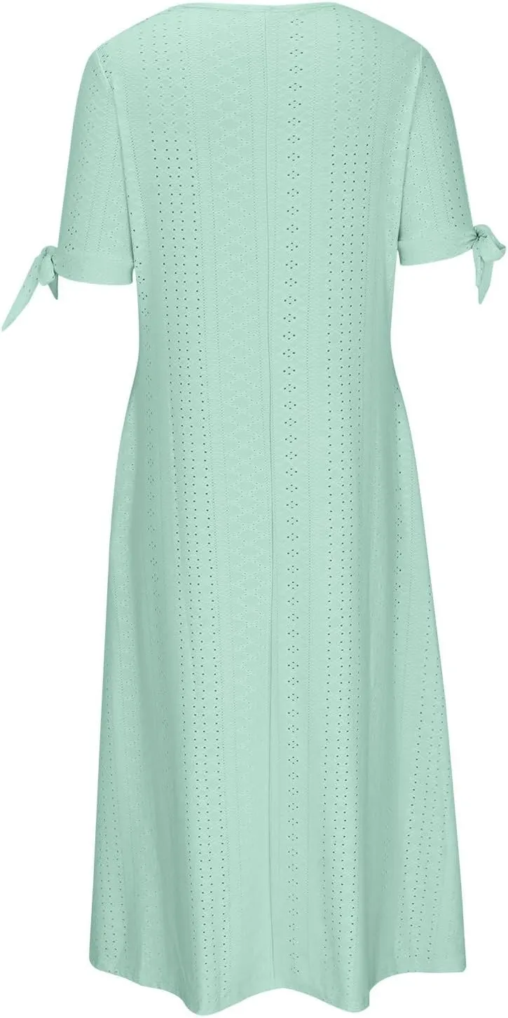 Maxi Long Dresses for Women 2025 Trendy Eyelet Dress Short Sleeve Tshirt Dress Casual Summer Beach Vacation Sundress