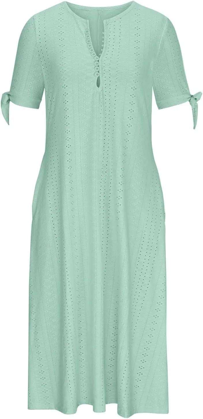 Maxi Long Dresses for Women 2025 Trendy Eyelet Dress Short Sleeve Tshirt Dress Casual Summer Beach Vacation Sundress