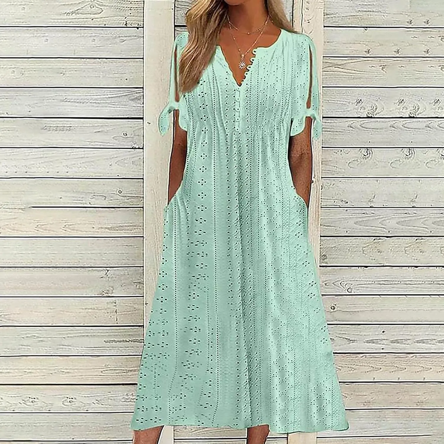 Maxi Long Dresses for Women 2025 Trendy Eyelet Dress Short Sleeve Tshirt Dress Casual Summer Beach Vacation Sundress