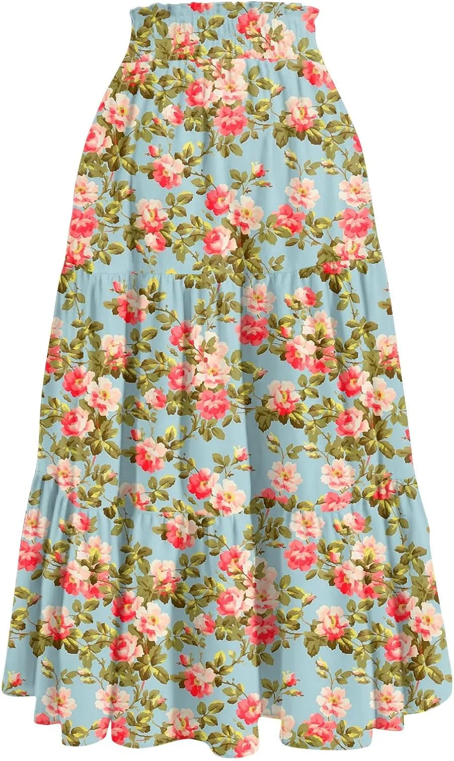 Maxi Long Skirts for Women Summer Floral Tiered A Line Pleated Swing Skirts Boho Flowy Renaissance Vacation Skirt