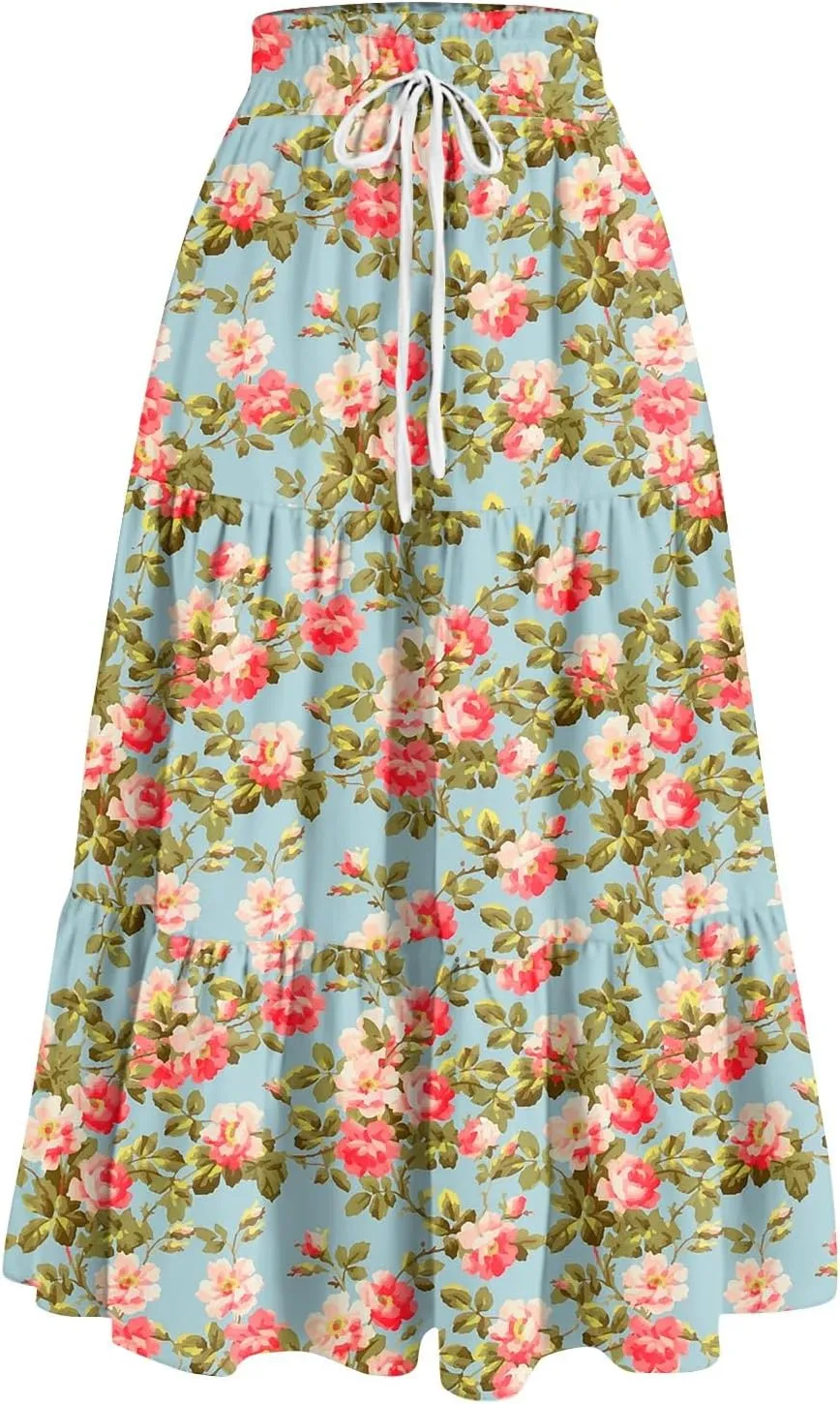 Maxi Long Skirts for Women Summer Floral Tiered A Line Pleated Swing Skirts Boho Flowy Renaissance Vacation Skirt