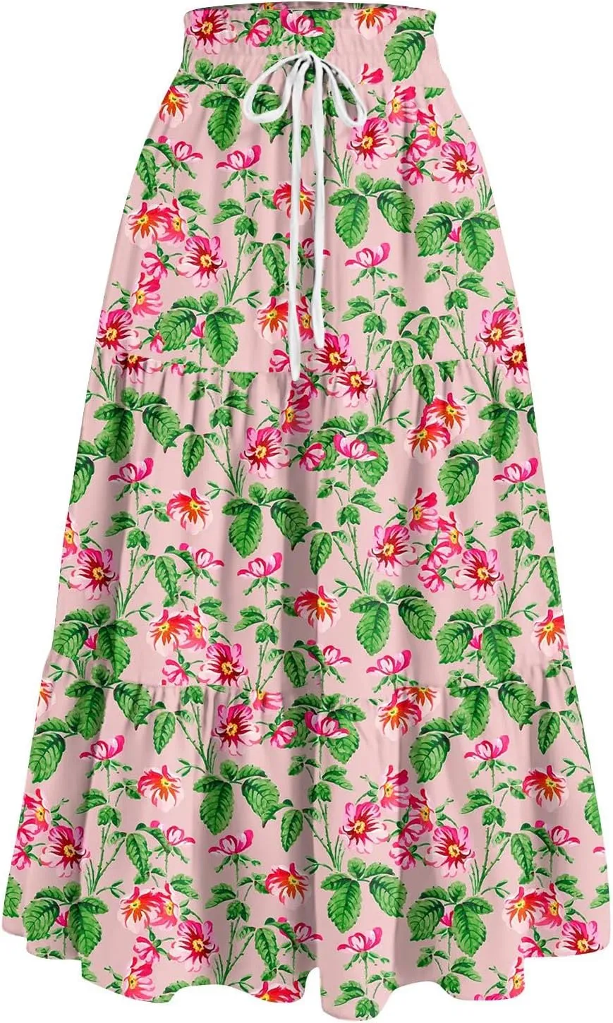 Maxi Long Skirts for Women Summer Floral Tiered A Line Pleated Swing Skirts Boho Flowy Renaissance Vacation Skirt
