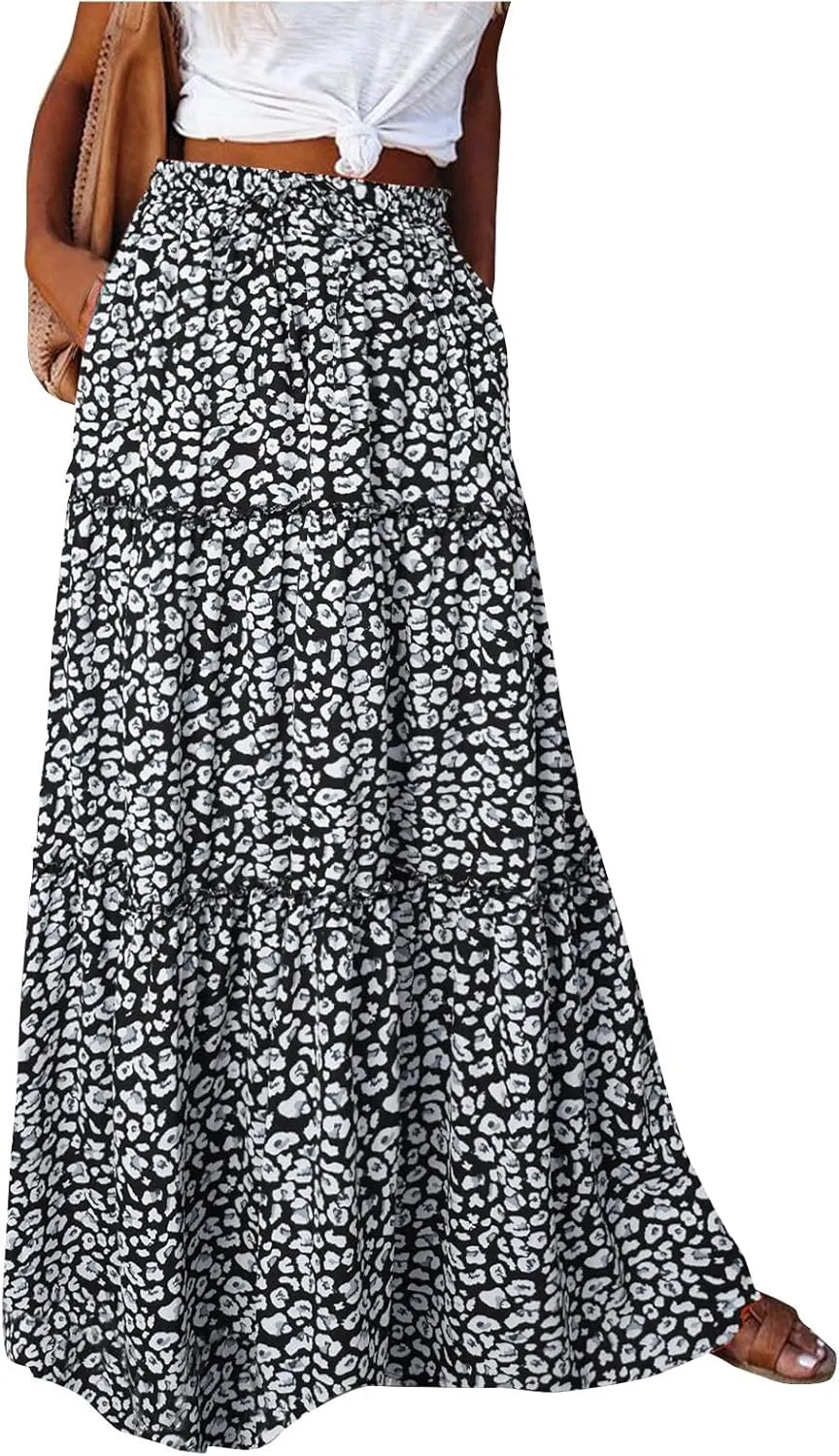 Maxi Skirt for Women 2025 Vacation Summer Tiered High Waisted Skirt Pleated Aline Work Flowy Long Skirts with Pockets