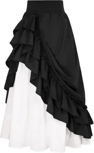 Maxi Skirts for Women Retro Medieval Renaissance Skirts Vintage Color Patchwork Ruffle Double-Layer Victorian Skirt
