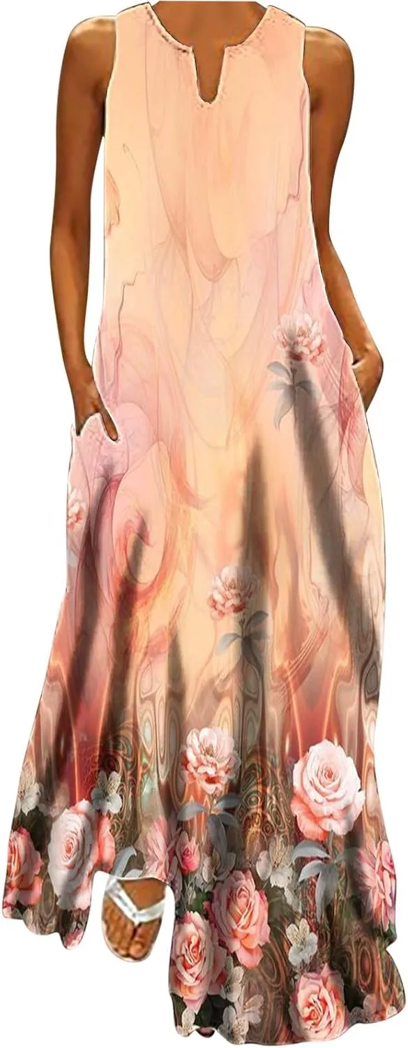 Maxi Sundress for Women Trendy 2025 Summer Dress Floral Print V Neck Dresses Sleeveless Boho Dress Beach Outfits