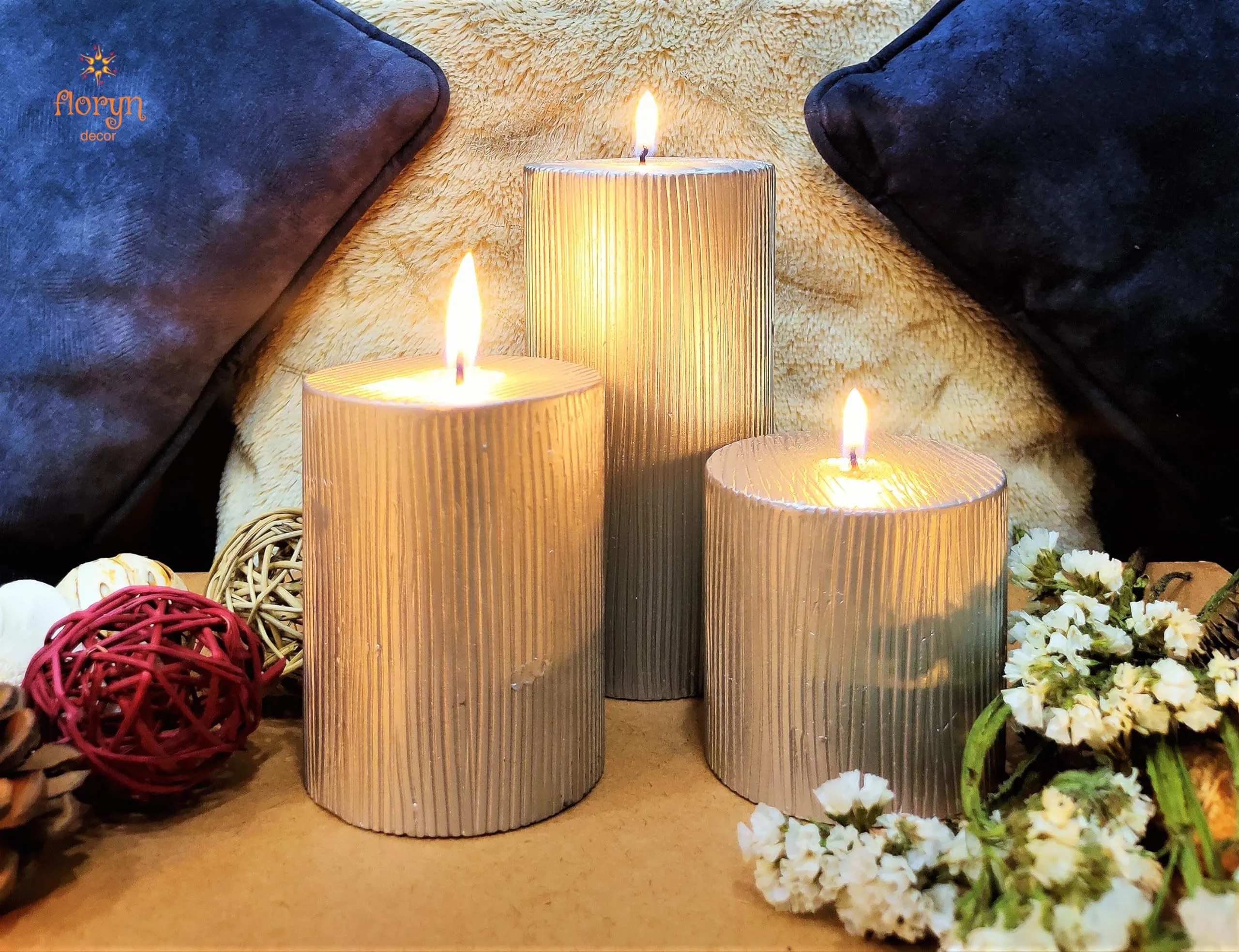 Metallic Pillar Candles Set of 3 for Home Decor, Gifting, Dinner, Wedding Party, 3 x 15.24 cm, 3 x 10.16 cm & 3 x 7.62 cm, Toxin-Free, Smokeless, Dripless (Metallic Silver)