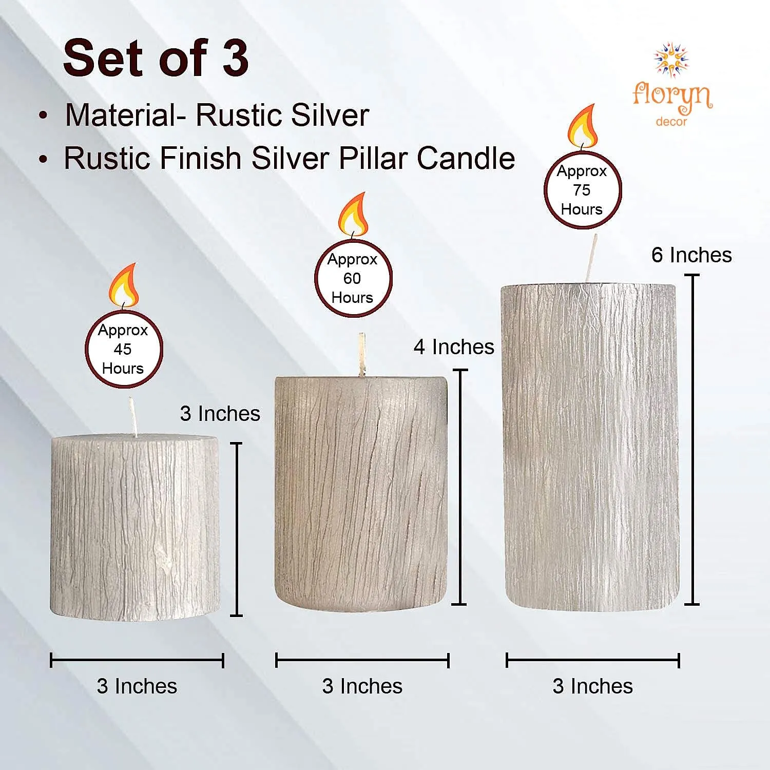 Metallic Pillar Candles Set of 3 for Home Decor, Gifting, Dinner, Wedding Party, 3 x 15.24 cm, 3 x 10.16 cm & 3 x 7.62 cm, Toxin-Free, Smokeless, Dripless (Metallic Silver)