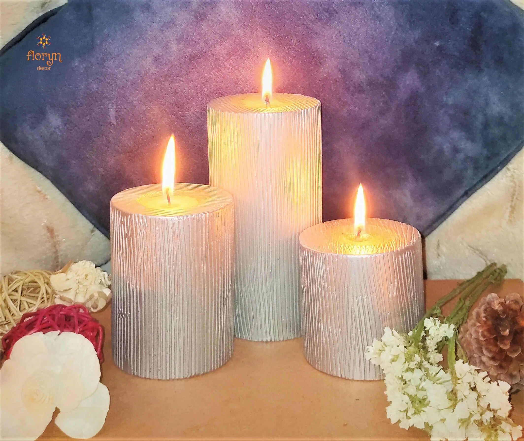 Metallic Pillar Candles Set of 3 for Home Decor, Gifting, Dinner, Wedding Party, 3 x 15.24 cm, 3 x 10.16 cm & 3 x 7.62 cm, Toxin-Free, Smokeless, Dripless (Metallic Silver)