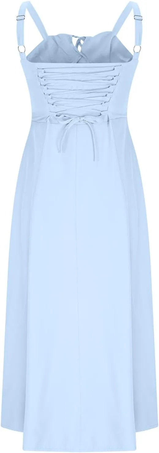 Midi Corset Dress Boho Flowy Slit Lace Up Dresses for Women Going Out A Line Casual Sundress Vacation Beach Dress