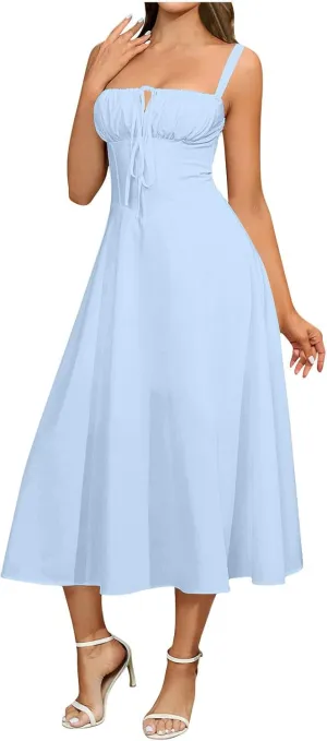 Midi Corset Dress Boho Flowy Slit Lace Up Dresses for Women Going Out A Line Casual Sundress Vacation Beach Dress